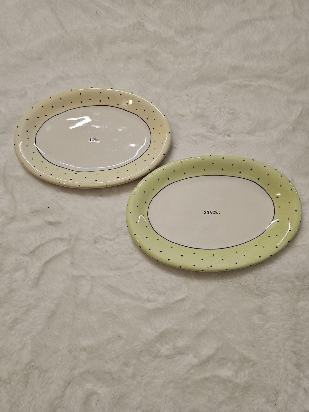 Polka Dot Ceramic Rea Dunn Snack Plates Set in Yellow and Light Green